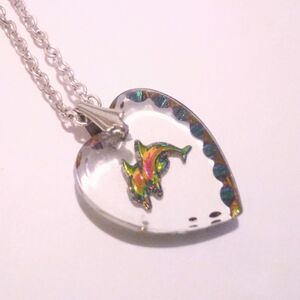 Vintage Reverse Carved Lucite Heart Shaped Dolphin Pendant Necklace